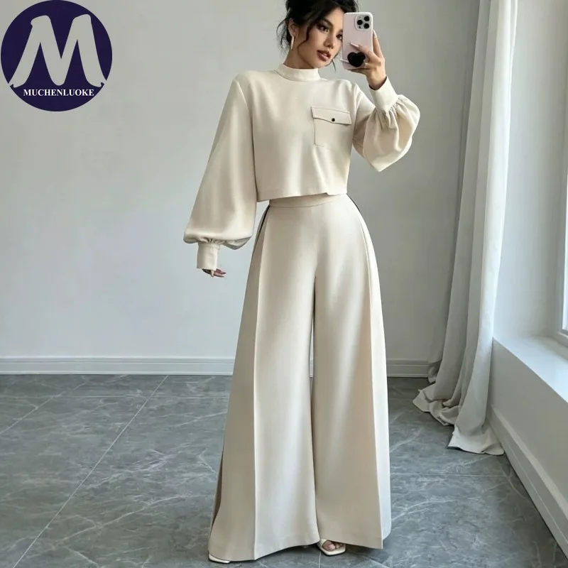 Damenmode 2-Teiliges Set: Langarm-Oberteil mit hohem Kragen und weiter Hose, Frühling-Herbst, lässiger, lockerer Schnitt, kurzes Oberteil-Outfit