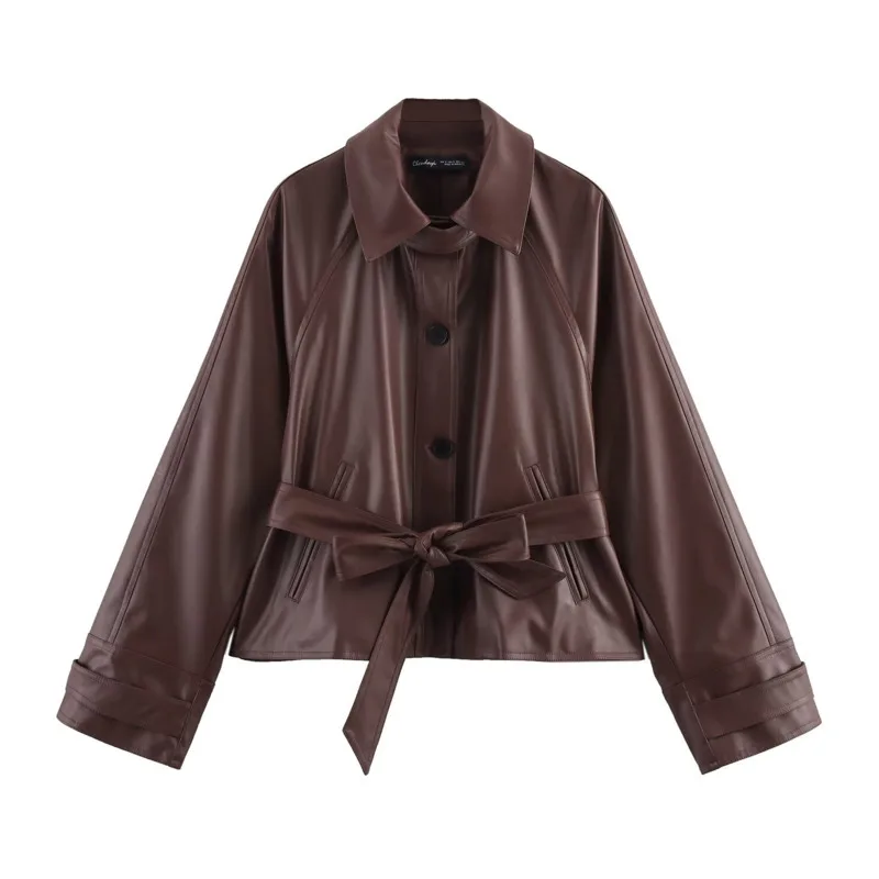 EAEOVNI 여성을위한 빈티지 PU 가죽 자켓 패션 브라운 옷깃 버튼 벨트 모여 허리 짧은 코트 streetwear 2025 가을 새로운