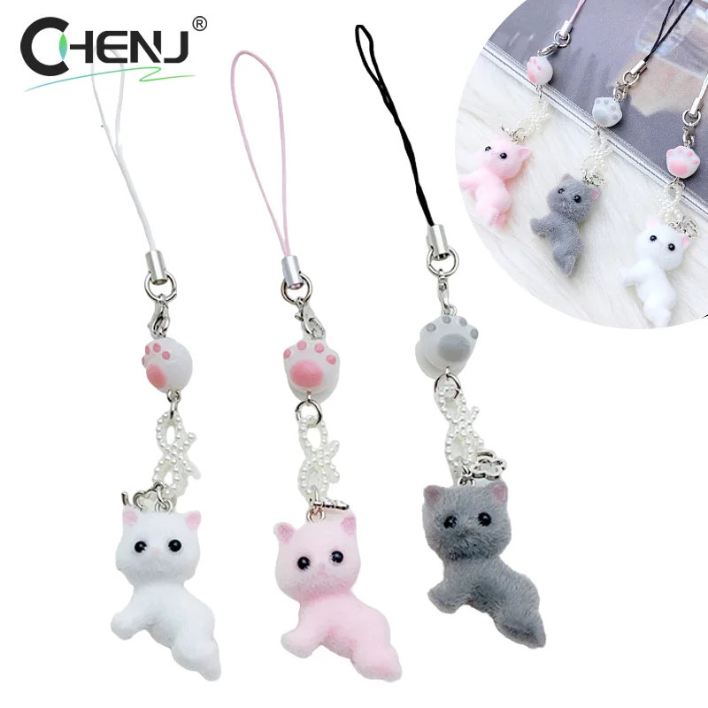 Y2K Cartoon Flocking Cat Mobile Phone Lanyard Cute Cat Phone Chain Keychain Pendant Cell Phone Strap Earphone Camera Chain