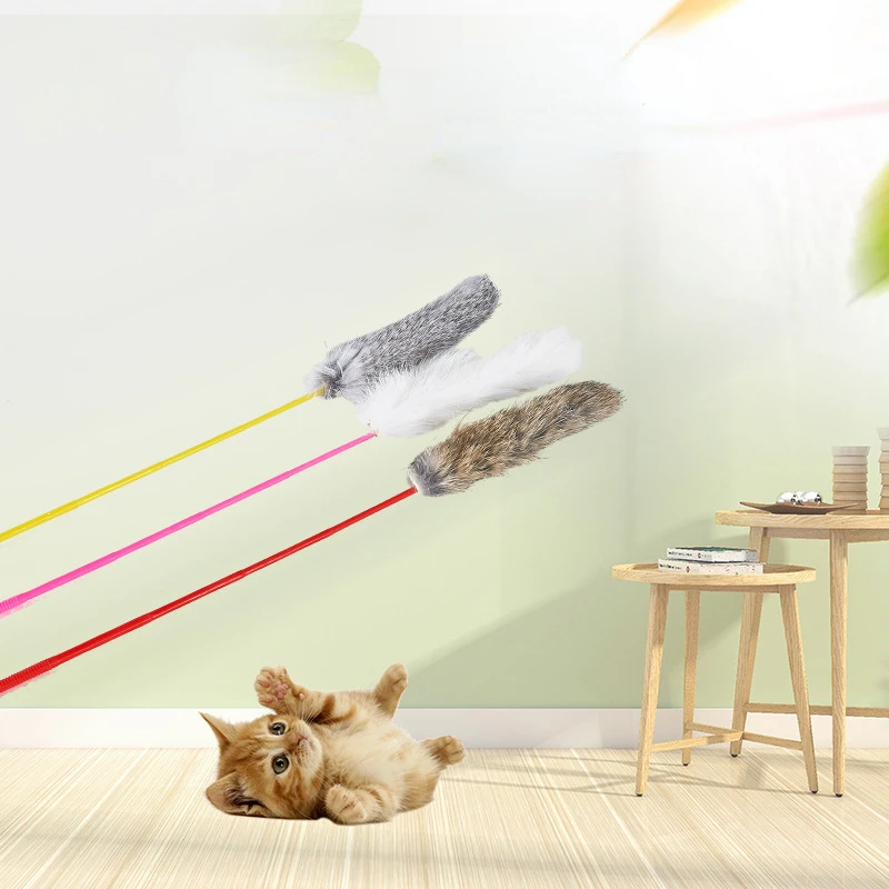 1Pcs Random Color Tease Cat Stick Faux Rabbit Fur Pompom Plush Pet Interactive Stick Cat Playing Training Toys Pet Supplies