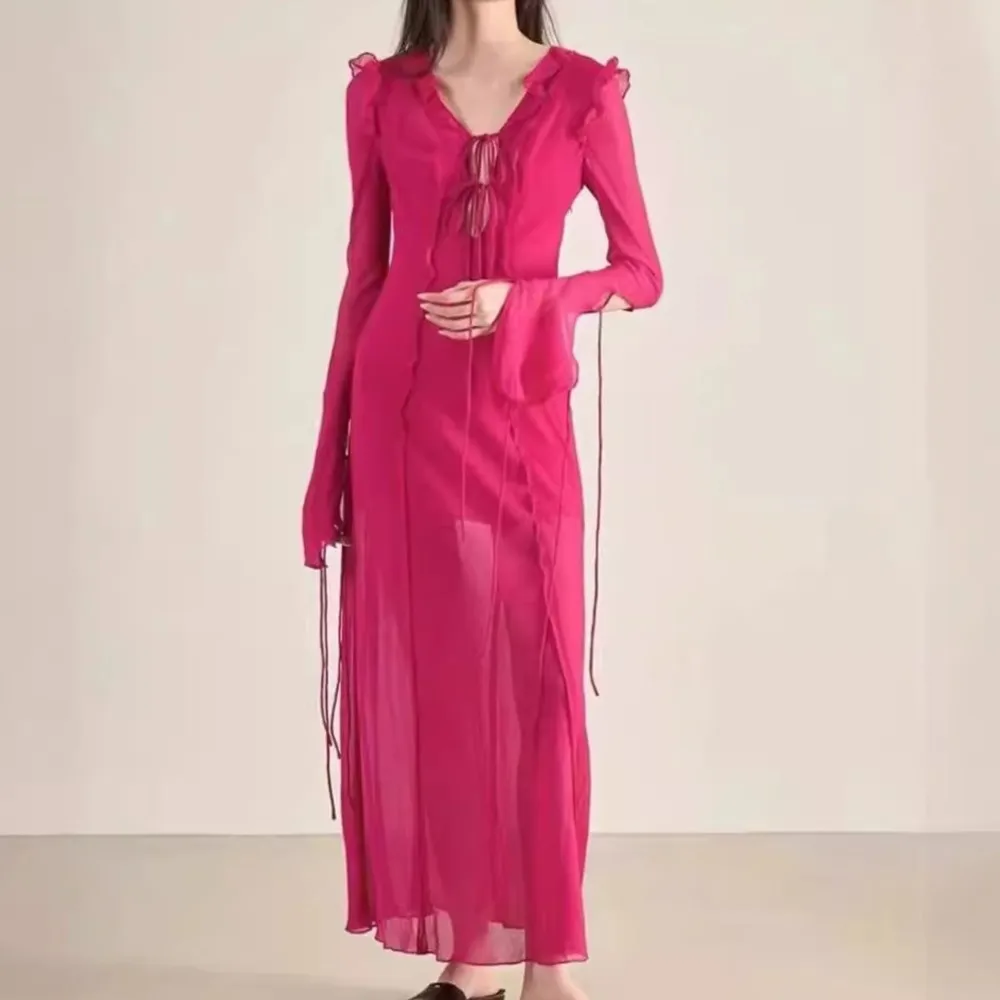 

V-neck fashion long dress ruffle edge lace up long sleeved party dress vestidos mujer primavera verano