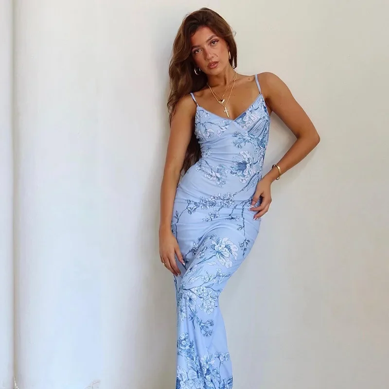 

Summer Sexy Floral Print Sleeveless Backless Bodycon Maxi Dresses Women Club Birthday Party Elegant Dress Y2K Clothes Vestidos