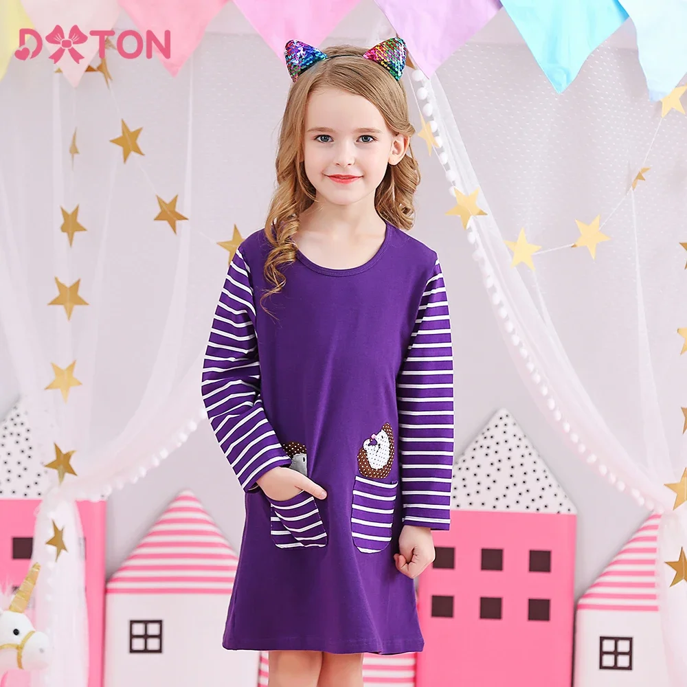 DXTON Autumn Toddler Outerwear Dress Stripes Cotton Children Dresses Pocket Kangaroo Applique Girls Daily A-line Dress Clothing