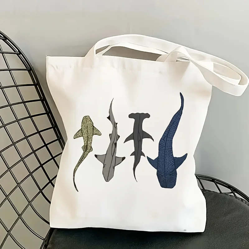 

Stylish White Women S Tote Bag with Adorable Cartoon Shark Print Large Capacity Shoulder Bag for Beach Outings Casual Travel