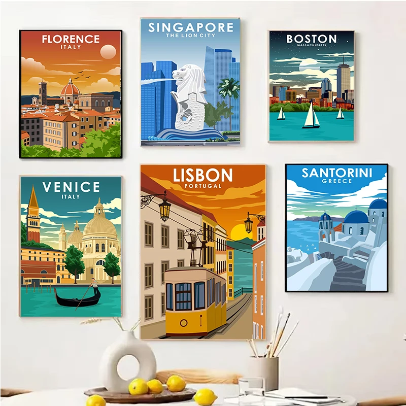 Nordic Retro City Travel Poster London New York Lisbon Venice Sydney Rome Italy Canvas Painting Modern Picture Room Home Decor