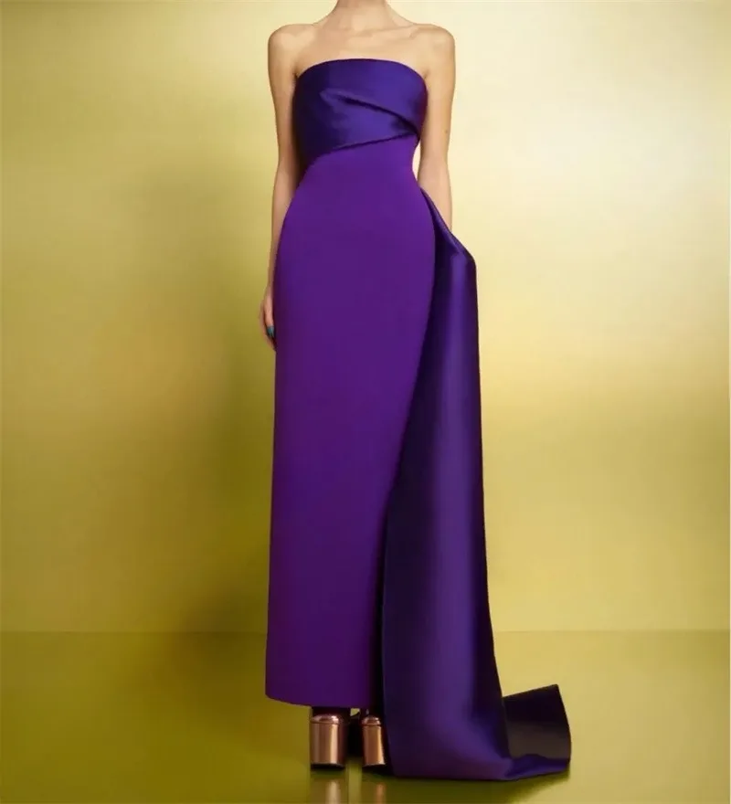 Customized Elegant Purple Evening Party Dress Sexy Strapless Long Train Formal Occasion Dresses Women Simple Tube Top Vestidos D