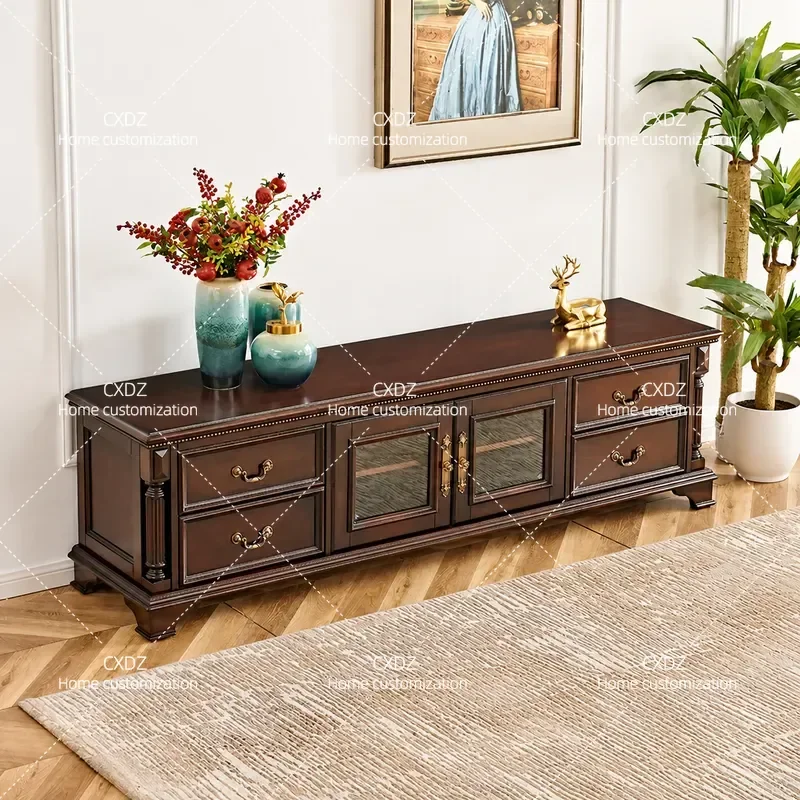 Cherry Wood Solid Wood TV Cabinet Retro Glass Sliding Door Storage Locker Simple Living Room High Leg Floor Console