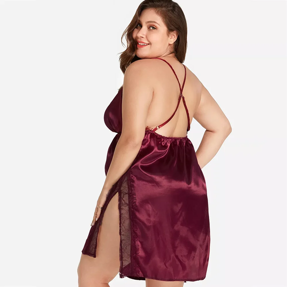 Plus Size Damen Spitze sexy Schlinge Nachthemd Damen sexy Dessous Satin Nachtwäsche Nacht kleid V-Ausschnitt Nachthemd V-Ausschnitt Nachtwäsche