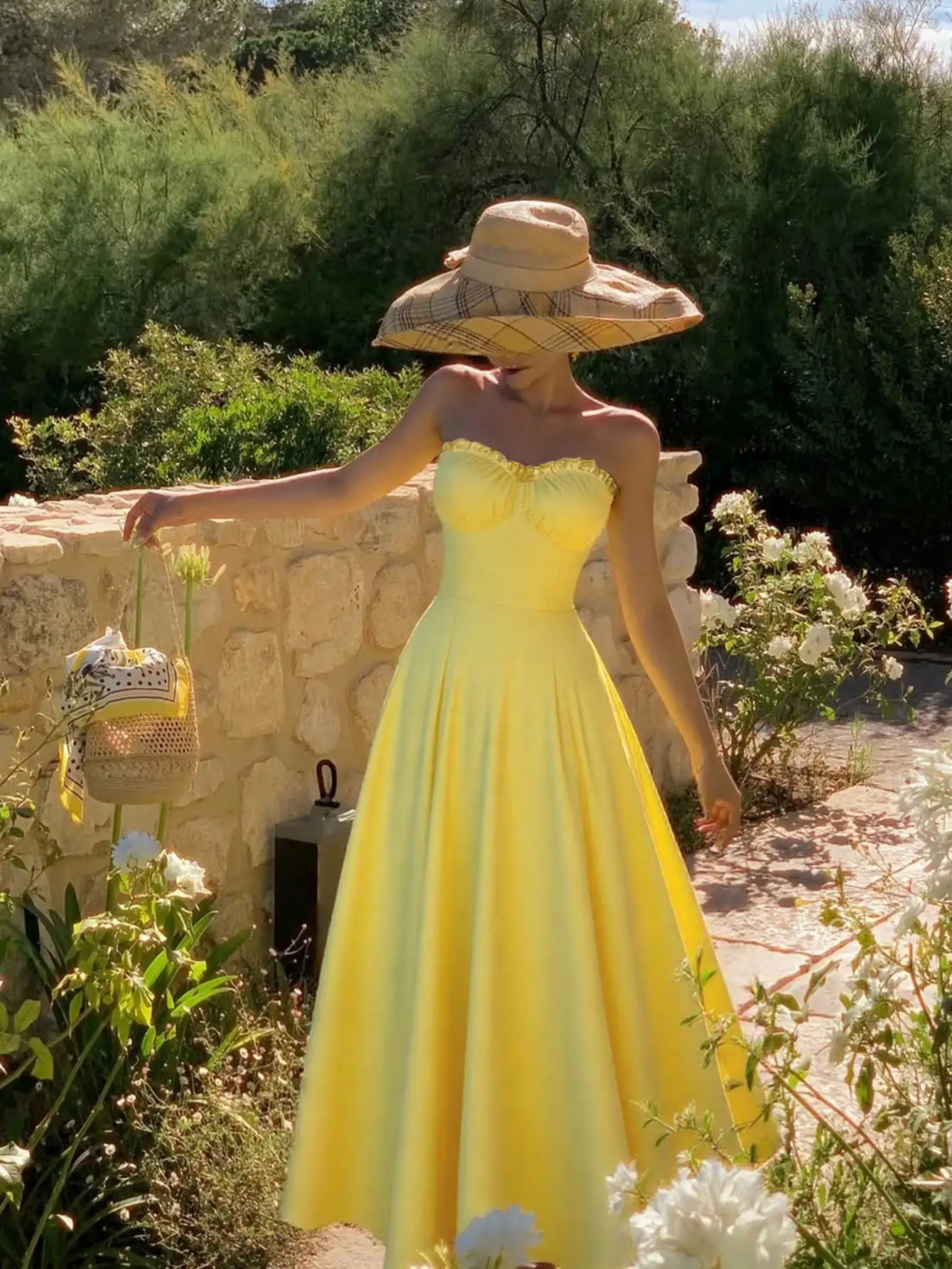 Women's Boho Butter Yellow Vacation Sexy Solid Yellow Ruffle Hem Strapless Dress Zip Back Dress For Easy Wear