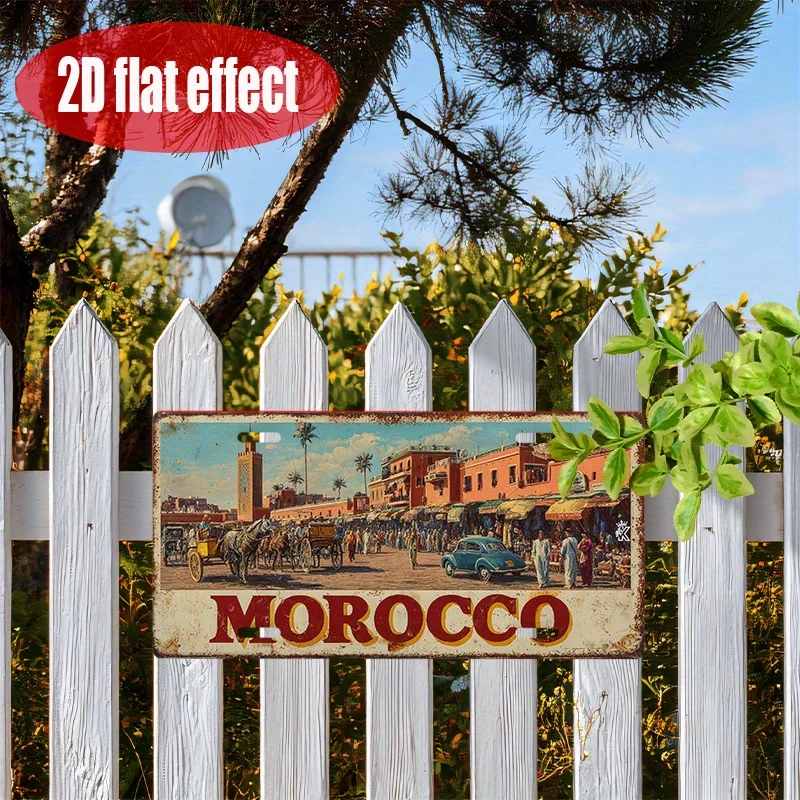 HD Aluminum Print, Vintage Morocco Marrakech Medina Souk Retro License Plate Style Wall Art, High Definition Bend-Resistant Meta