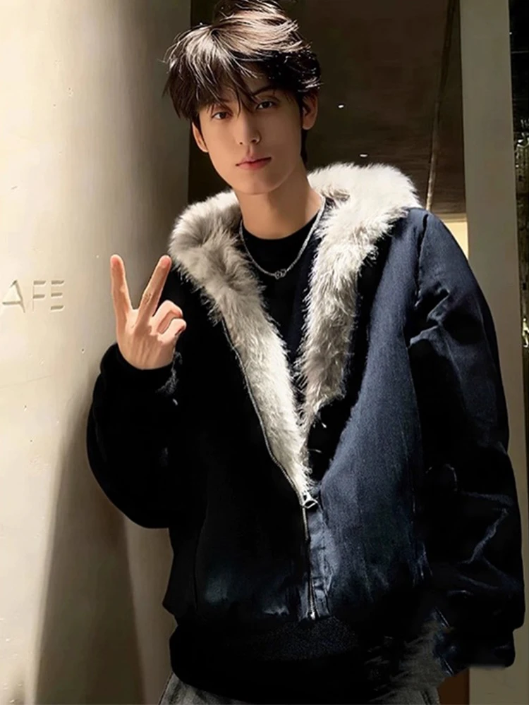 

Thiened Warm Cotton Jaet Men's Winter American Retro One-Piece Velvet Hooded Cotton Clothes Cold Resistance Cotton Coat