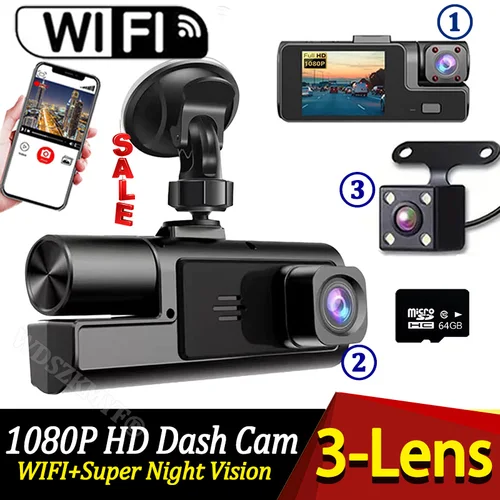Cámara de salpicadero de 3 canales para coche, grabadora de vídeo WIFI,dashcam coche，camara coche，sistemas inteligentes de coche，camara coche delantera grabar， cámara de visión frontal y trasera, DVR, caja negra, 1080P