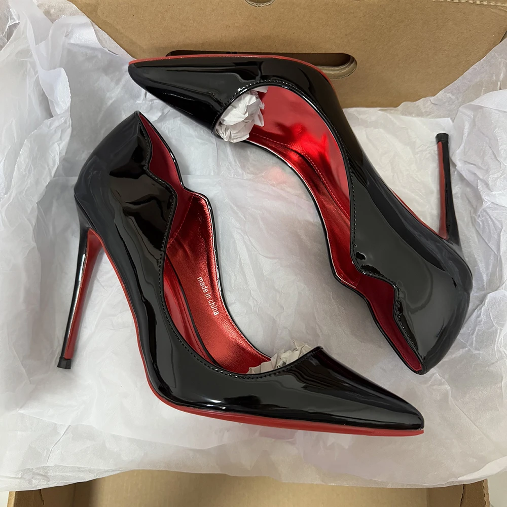 Hot Elegant Glossy Black Curl Cut Women Pointy Toe 12cm High Heel Shoes Sexy V Cut Lady Party Wedding Stiletto Pumps White Nude