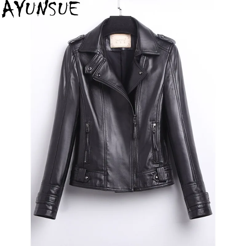

AYUNSUE Women's Sheepskin Jackets Short Motorcycle Style Real Leather Jacket Woman Fashion Black Outerwears Woman Clothes Casaco
