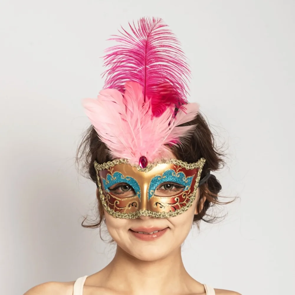 Rhinestone Half-Face Lace Mask Multicolor Cosplay Feather Mask Seductive Style Fancy Prom Masquerade Ball Mask