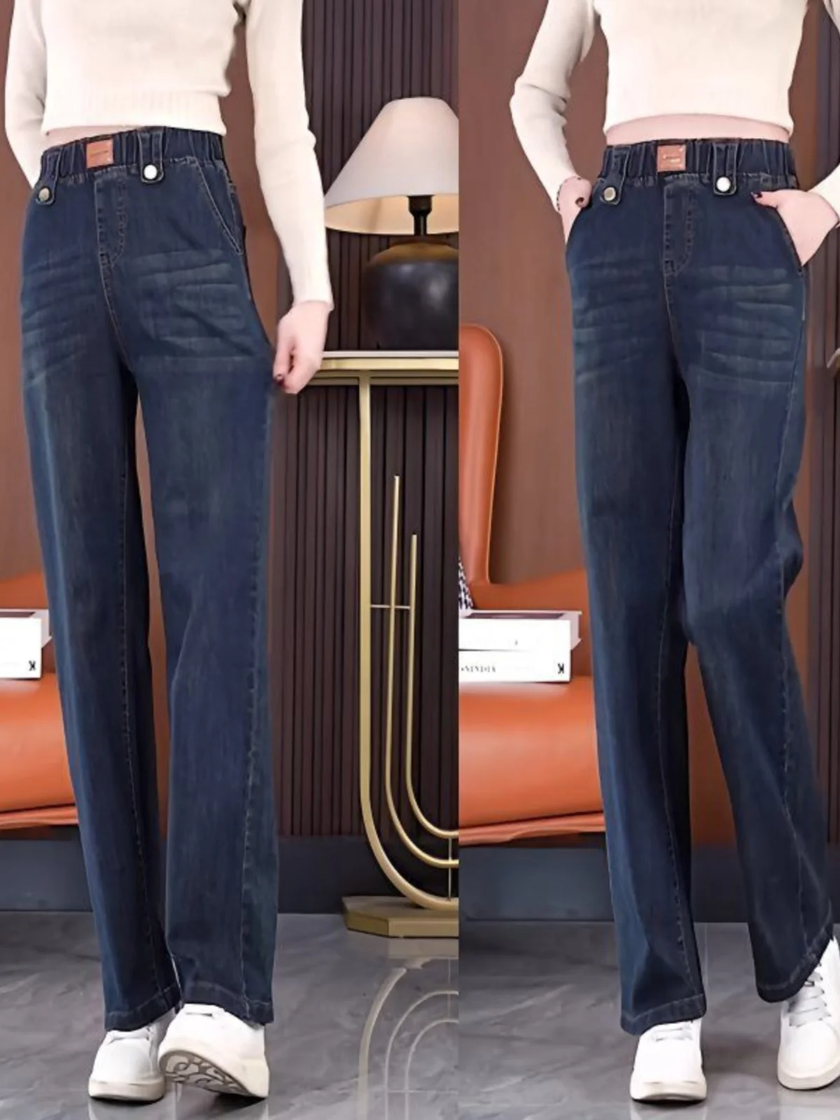 

High Waist Straight Leg Denim Jeans Women's Spring Autumn New Sle Slim Fit Wide Leg Pants Elastic Waist plus Size Women's P...