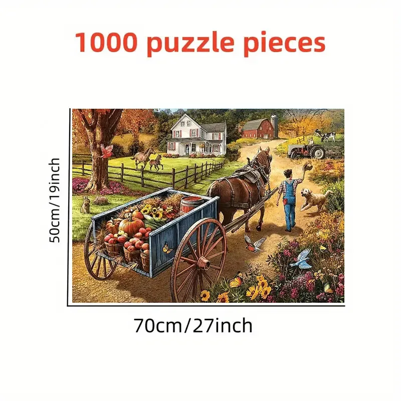 1000ピース特大ジグソーパズル - 馬車、納屋、カボチャ、ヒマワリが描かれたヴィンテージ農場の風景 - 挑戦的なパズル