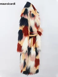 Mauroicardi Winter Long Colorful Multicolored Oversized Hairy Shaggy Thick Warm Faux Fur Coat Women Bat Sleeved Fur Overcoat