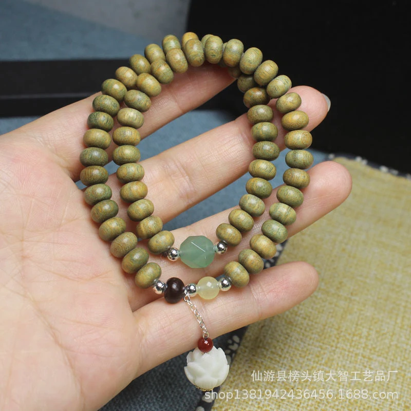 

Green Sandalwood Abacus Bead Double-Layer with Carved Beads, Lotus Bracelet for Men and Women