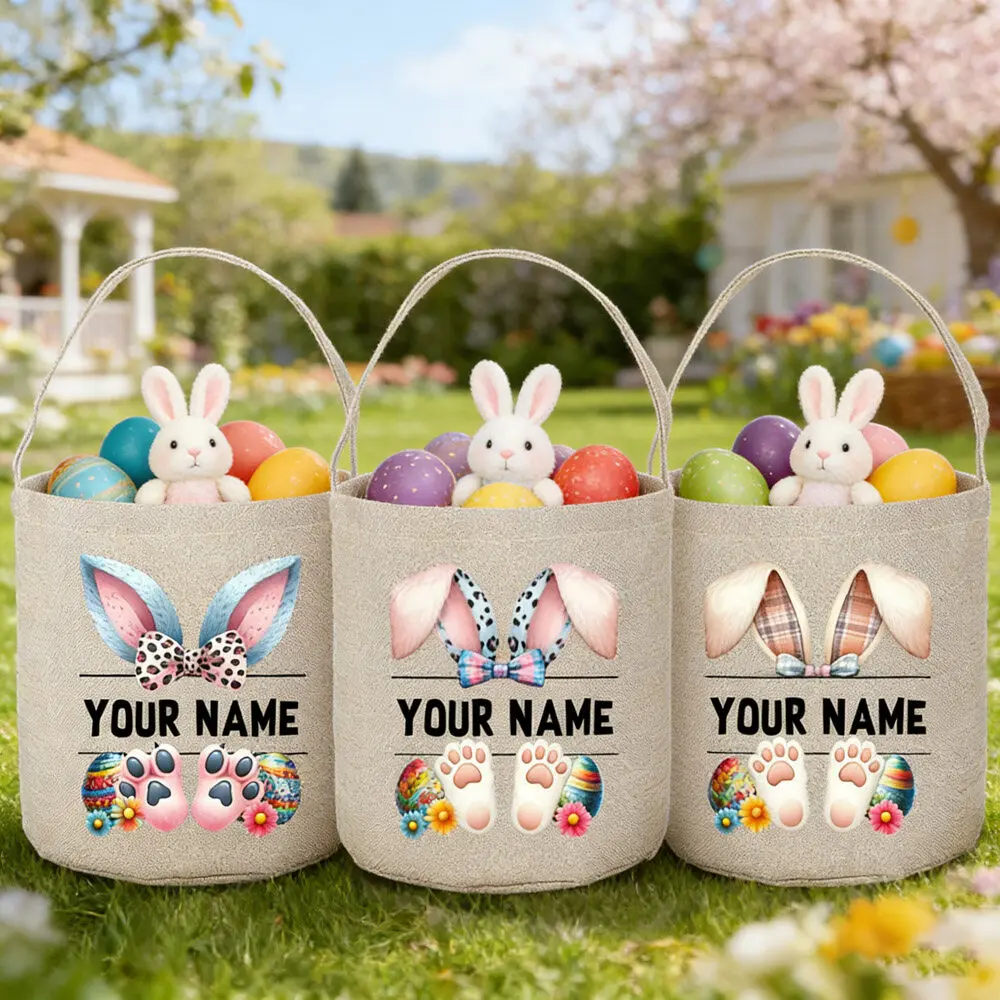 

Personalized Kids Easter Tote Bag Cute Bunny Egg Bag with Name Easter Party Gift Tote Bags Egg Hunt Storage Basket Toddler Totes