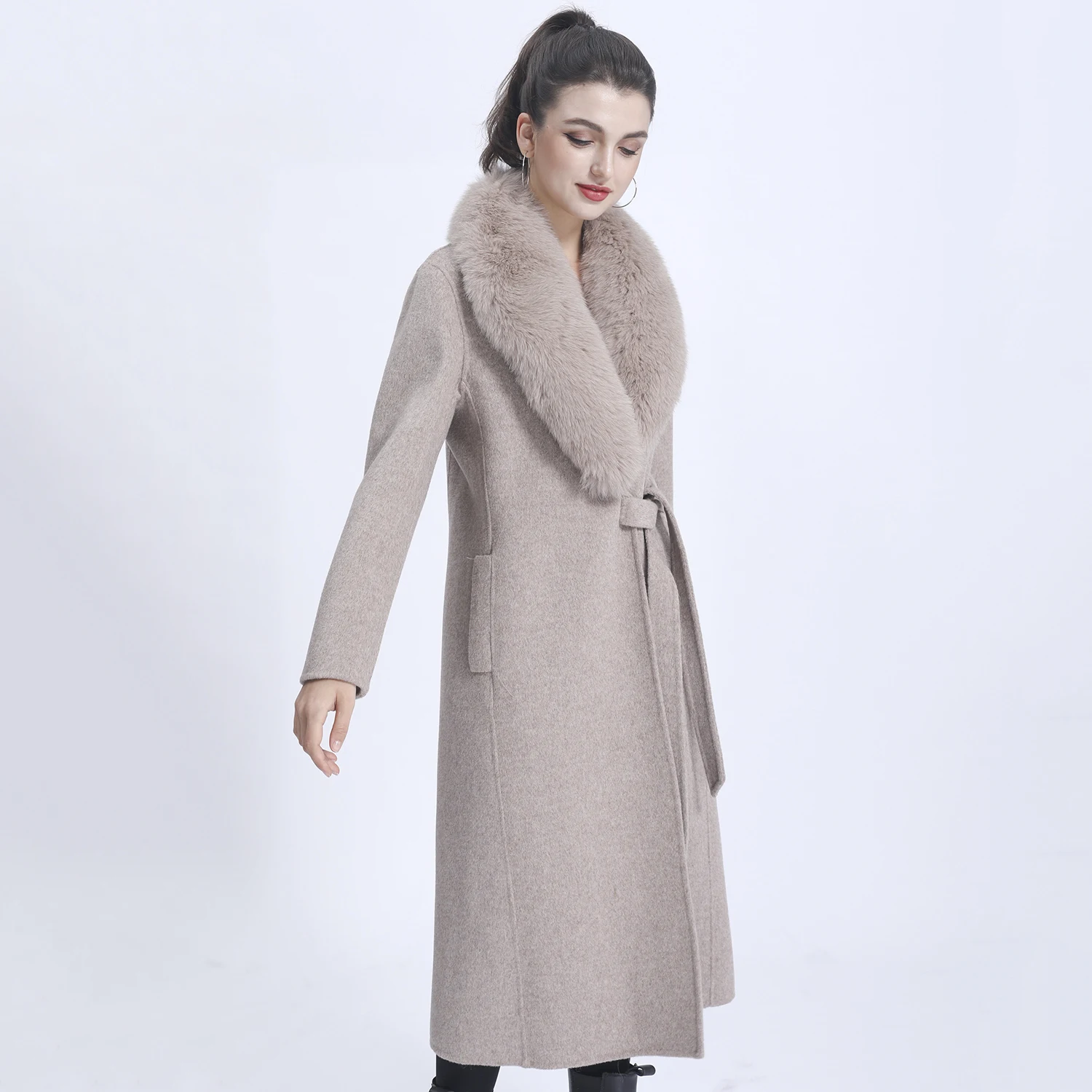 2024 Wool Long Coat Women Elegant Slim Belted Cashmere Trench Coat With Real Fox Fur Collar Winter Coat For Women