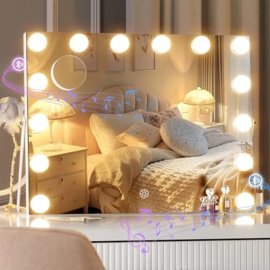 

Vanity Mirror with Lights and Bluetooth Speaker, 17.7" x 13.8" Hollywood Mirror, Makeup Mirror with 14 Dimmable Bulbs and 10X M