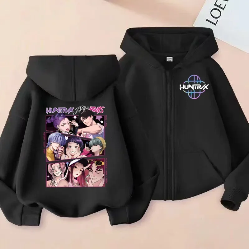 سترة بسحاب مطبوع على طراز HUNTRX الكوري، سترة صوفية بغطاء للرأس على طراز فتاة حلوة ورائعة