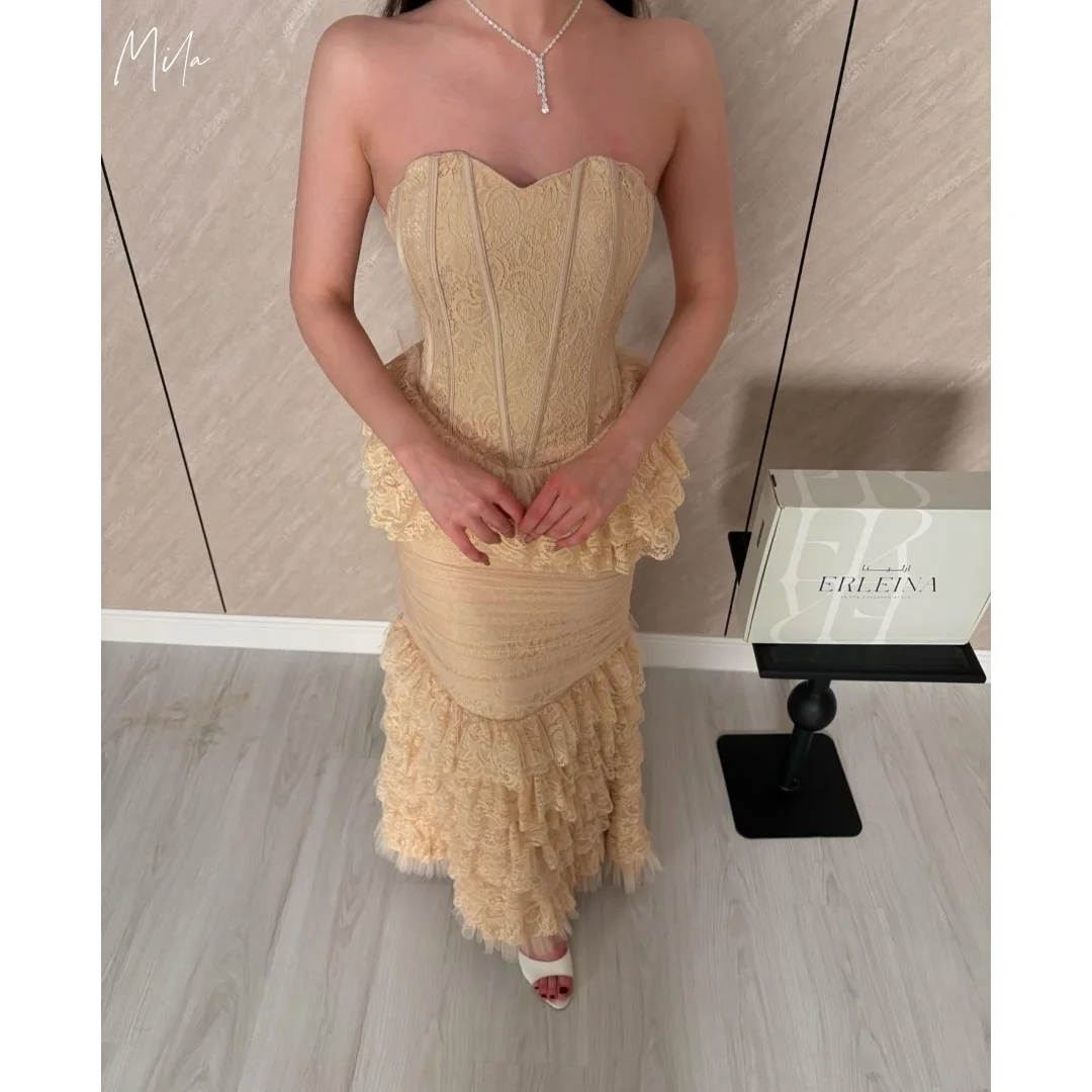 

Вечерние платья Mila Champagne Sweetheart без бретелек, кружевные, фасона «русалка», с оборками, облегающие, на заказ, для выпускного вечера и торжественных мероприятий