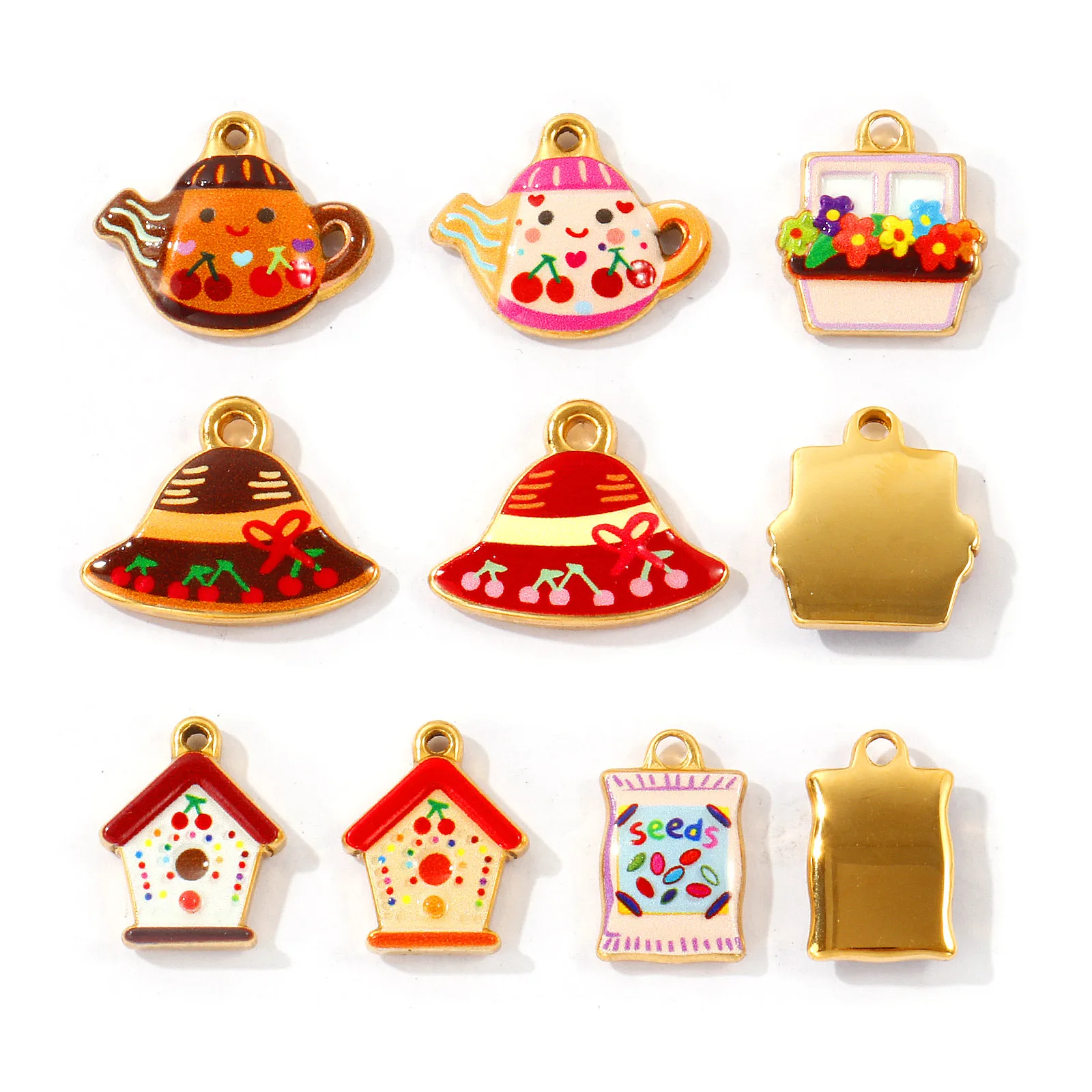 2 Stück wasserdichte, bunt bedruckte Anhänger mit Haus- und Blumenmotiven, Teekanne, 304 Edelstahl, 18K vergoldete Anhänger, DIY-Halskette, Großhandel – Detail 4