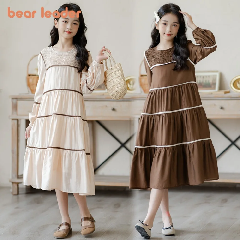 

Bear Leader Children's Clothing Autumn New Teenage Girls' Casual Dresses Korean Version Striped Printed Sweet Princess Dress