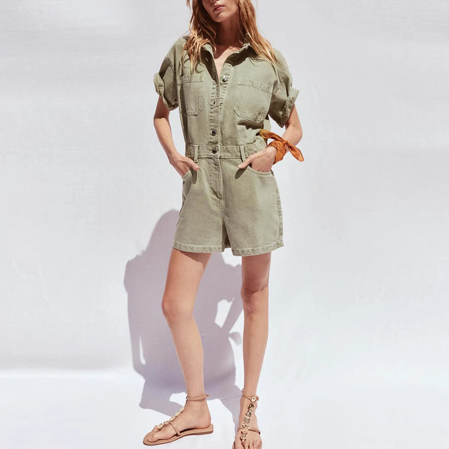 Zadata Women's Fashion Commute Short Sleeve Denim Jumpsuit High Waist Short Length Polyester Fiber Summer New Arrival
