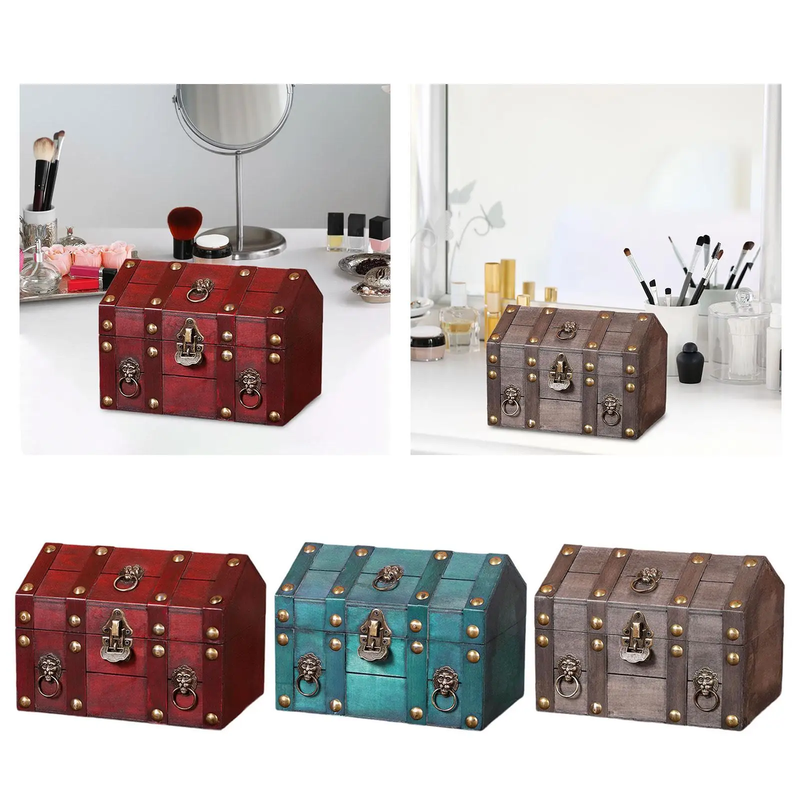 

Treasure Chest Jewelry Box with Lock and Key Solid Wood Unique Trinket Box Lockable Antique Design Keepsakes Box Storage Box