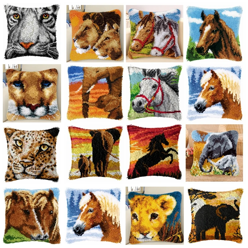 

Horse Lion Elephant Latch Hook Kits Pillowcase 3D Segment Embroidery Pillow Canvas Wool Embroidery Cushion Cover DIY Pillows