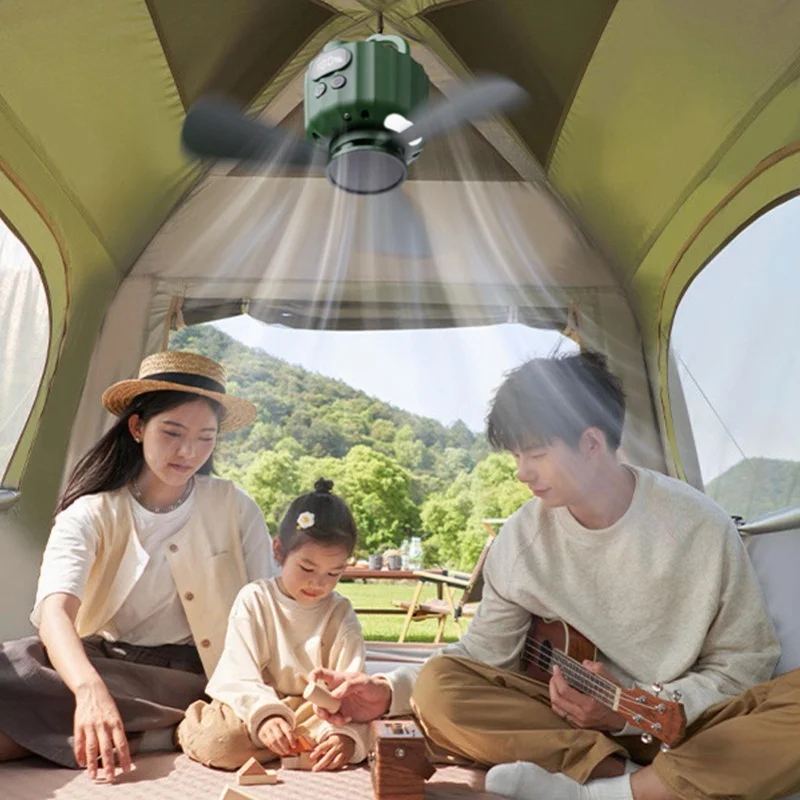مروحة سقف للخيمة مع جهاز تحكم عن بعد، ضوء LED قابل لإعادة الشحن، مروحة خيمة محمولة قوية للرياح لصيد الأسماك والتخييم في الهواء الطلق