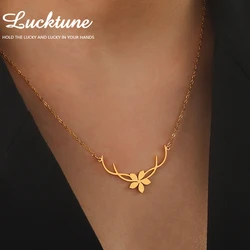 Lucktune Flower Antler Pendant Necklace Stainless Steel Gold Color Chain Necklace for Women 2025 Trendy Kpop Jewelry Party Gift