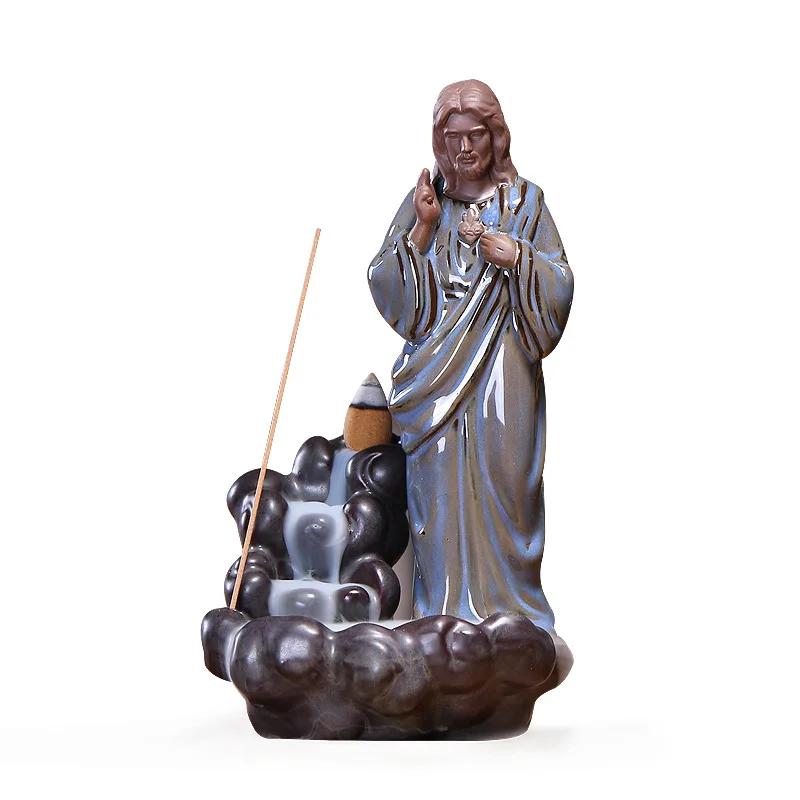 

Ceramic Jesus Christ Virgin Mary Statue Figurine Backflow Incense Holder Incense Burner Stick Censer