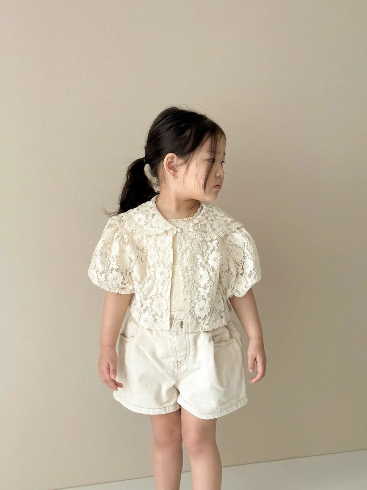 2026 Summer New Baby Girl Short Sleeve Coat Sweet Girls Lace Hollowed Out Cardigan Solid Infant Thin Lapel Coat Toddler Clothes