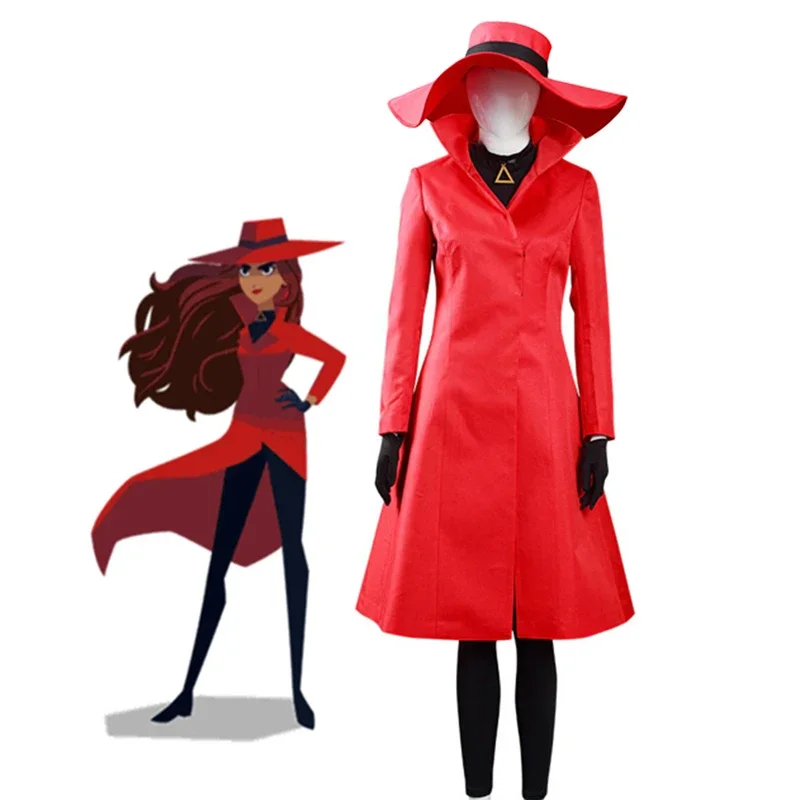 Carmen Sandiego Cosplay Costume Red Dress with Hat Gloves Halloween Christmas Carnival Party Role Play Suit For Woman Girl*8*Q