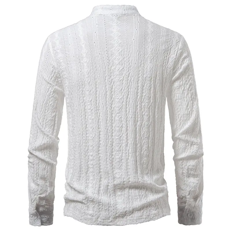 Men's Breathable Long Sleeve Pullover Shirt Jacquard Pattern Drawstring Stand Collar Casual