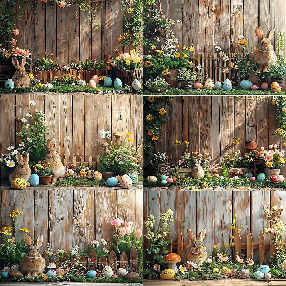 Spring Easter Photography Backdrop Bunny Garden Floral Colorful Eggs Rabbit Flower Easter Baby Birthday Background Photo Studio