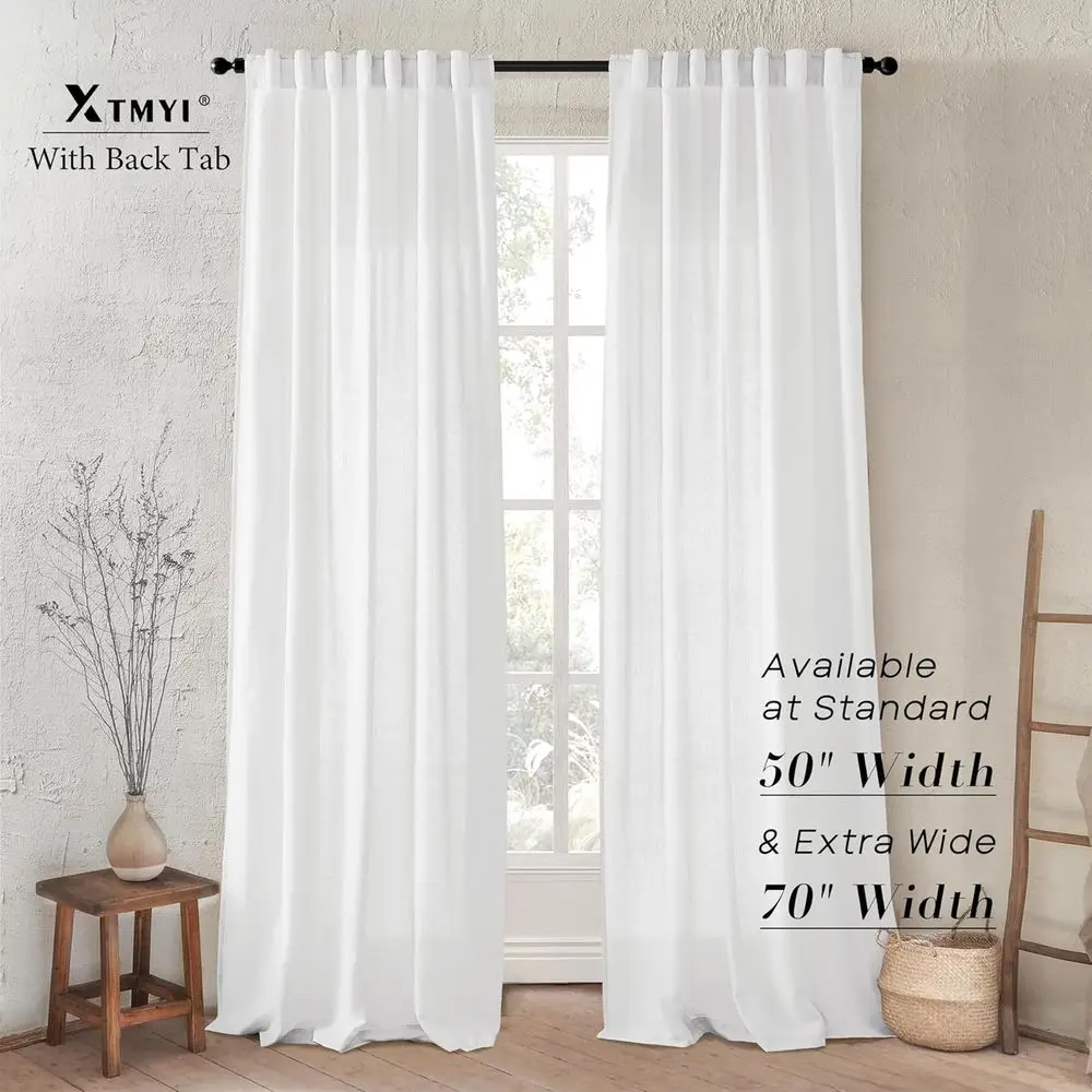 120 Inch Semi-Transparent Linen Cotton Blend Curtains, 2-Panel Set with Clip Rings, XL Rod Pocket, 50x120