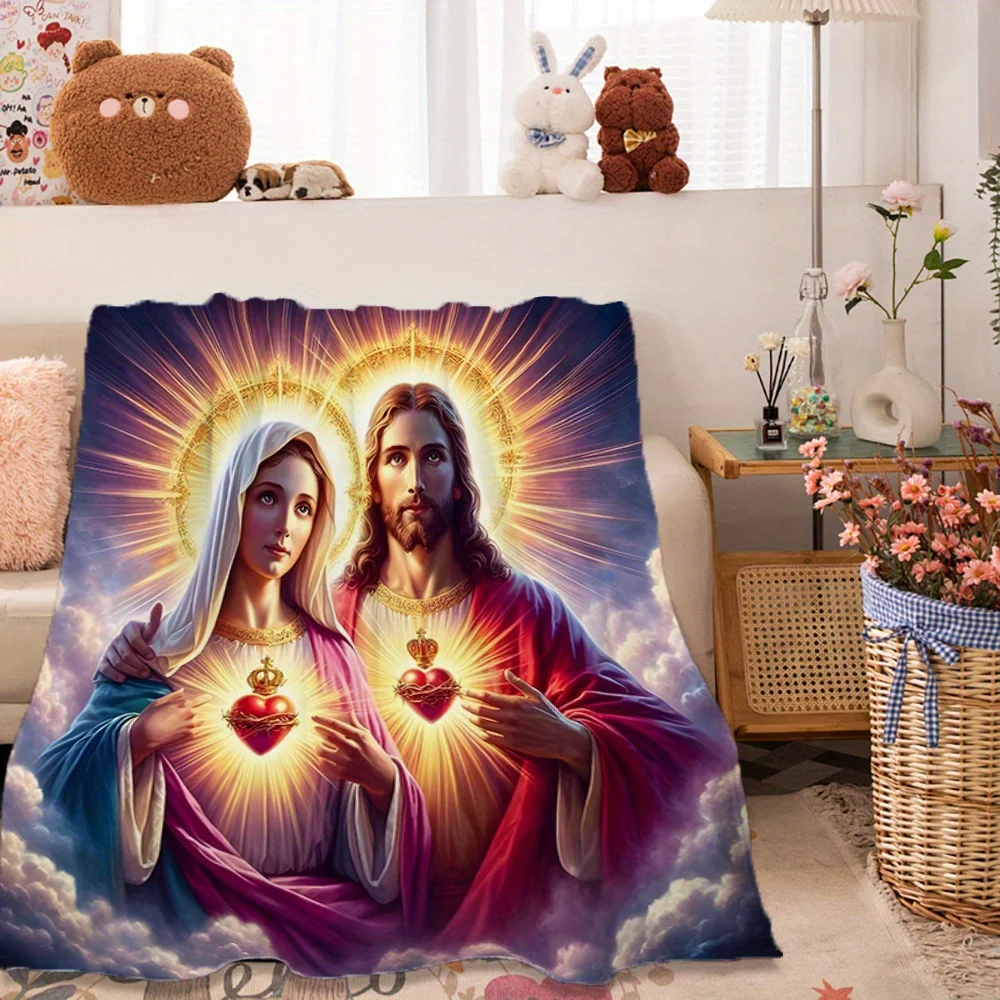 1pc Jesus and Virgin Mary Religious Blanket - Soft Flannel Throw with Sacred Heart Design, All-Season Christian Home Decor for B