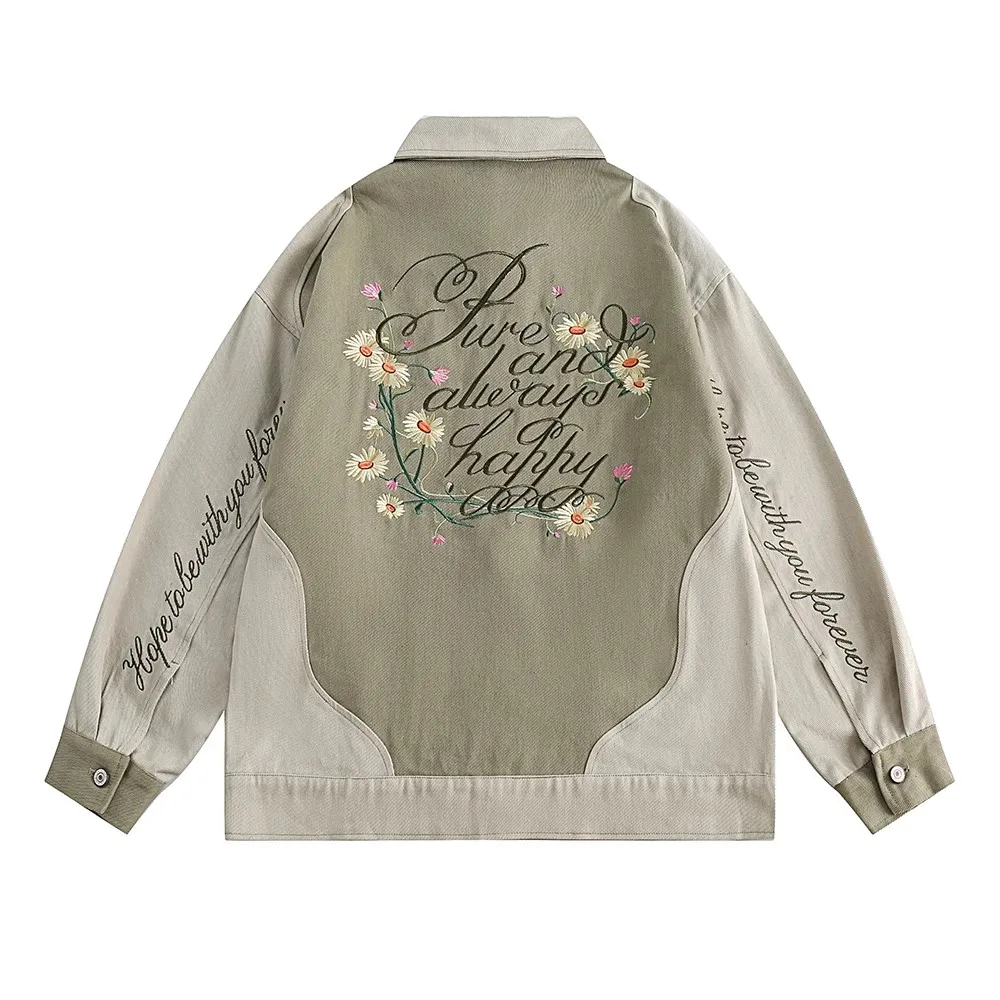 

Flower Embroidered Jacket Men's Patchwork American Style Trendy Small Floral Letter Lapel Coat Couple Loose Zippered Top Homme