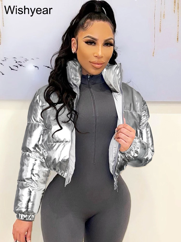 Metallic Silvery Shiny Puffer Parka Cropped Jacket Women Long Sleeve Stand Collar Zip Up Winter Warm Coat Street Outerwear New