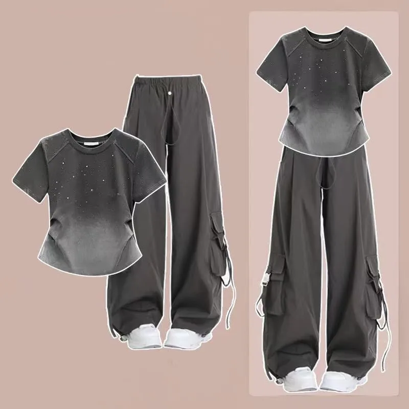 

2025 Summer New Korean Elegant Tracksuit Matching Set Women's Fashion Short Sleeve Top T-shirt+Casual Cargo Pants Two Piece Suit