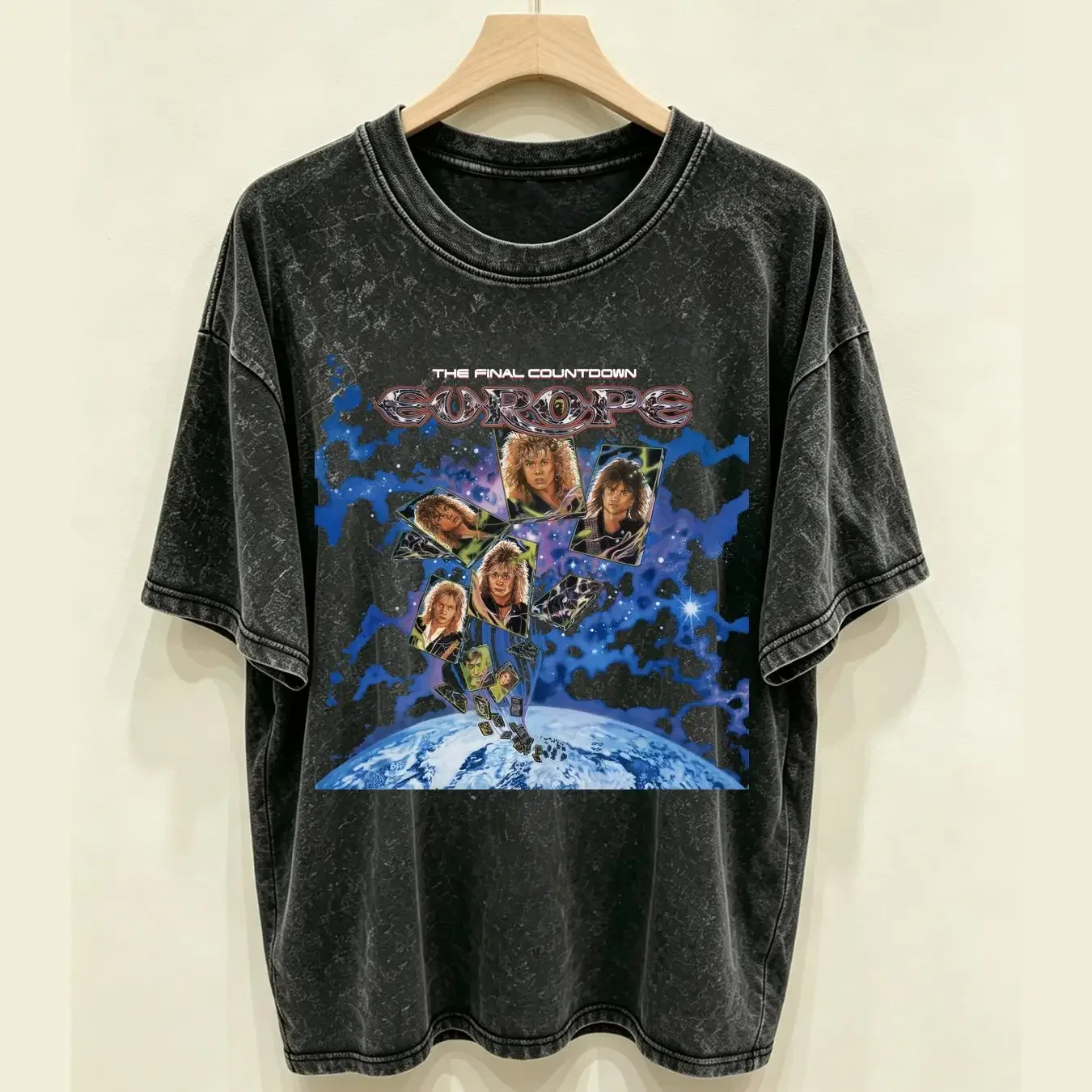 washed T Shirt europe the final countdown vintage Washed fashion Stretched Top For Everyday Wear Stylish homme Comfortable