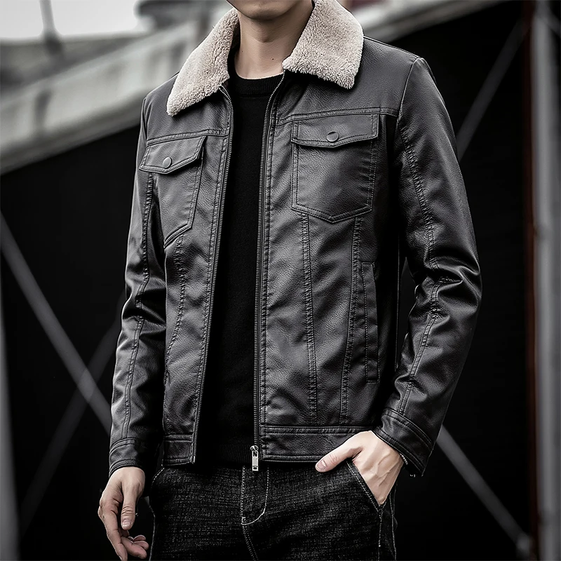 

Bla Collared Thiened Leather Jaet Men's Winter Coat Fur Inteated Motorcycle Riding Clothes Regular Length PU Leather