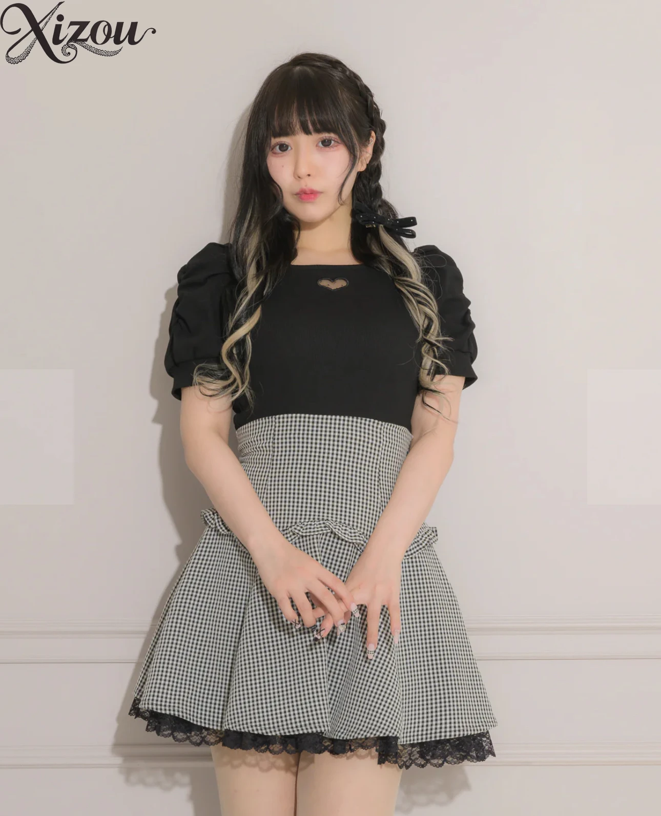 

2025 Women Summer Top Japanese Square Collar Bubble Short Sleeve Love Hollow Pleated Black Solid Color T-shirt Irregular French