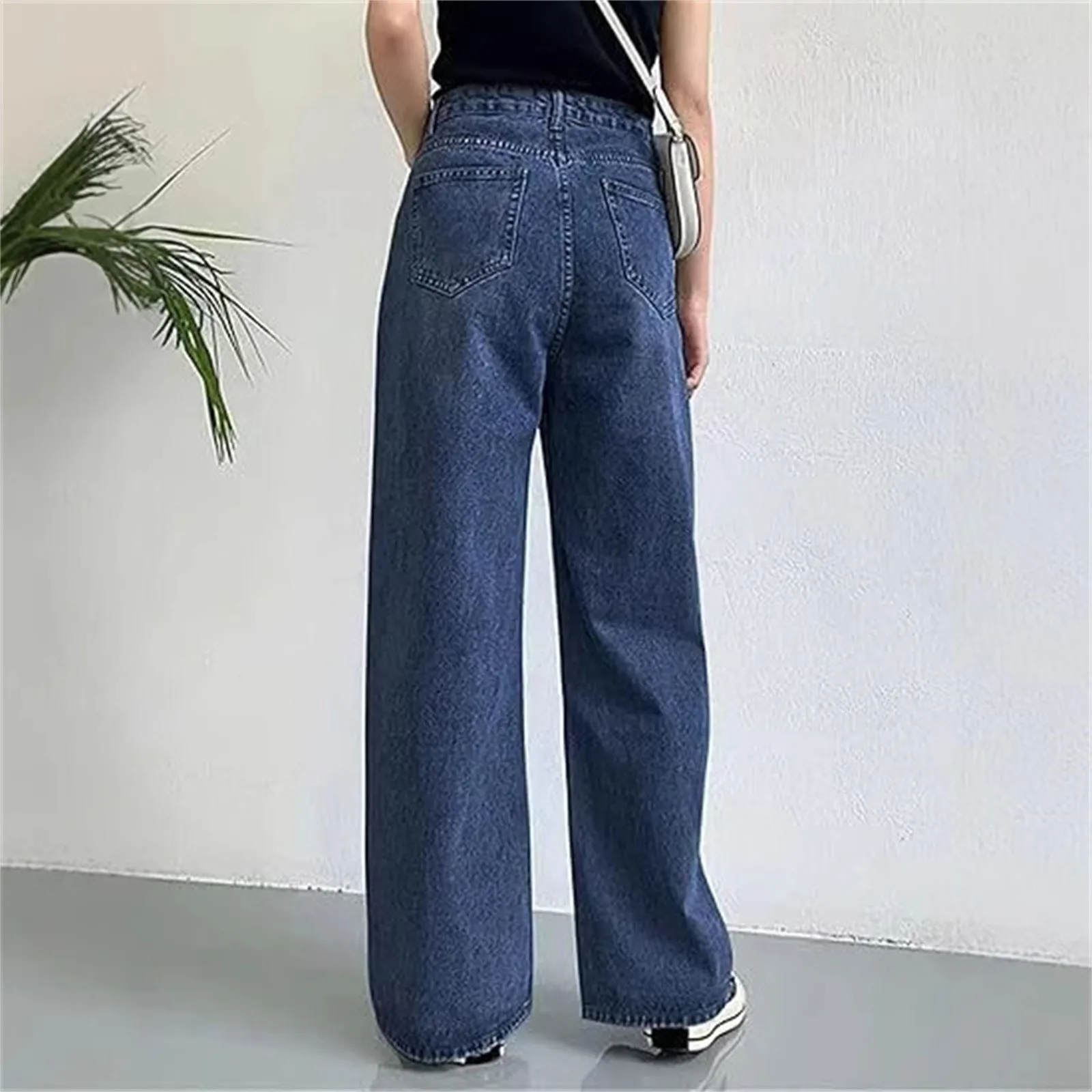 Autumn New Jeans Women'S Streetwear Washed Denim Pants Vintage Straight Trousers Casual Loose-Fit High-Waisted Wide Leg Jeans