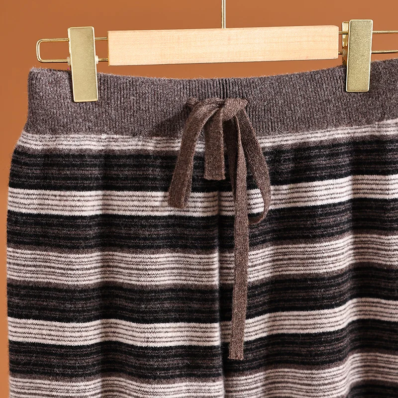 High Waist Wide Leg Pants Women's Autumn Winter 100% Merino Wool Knitted Trousers Striped Straight Leg Pants